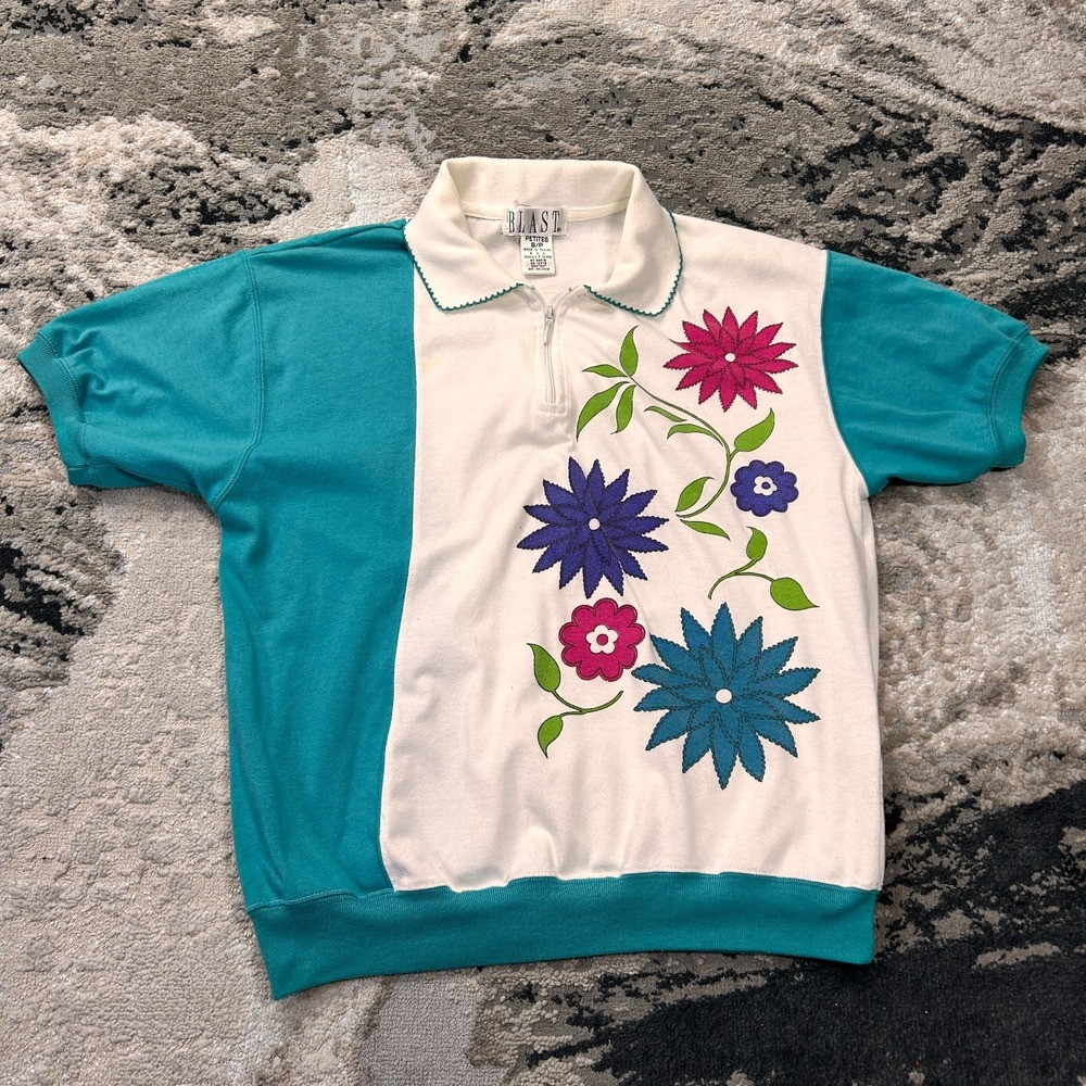 Blast Polo Top Womens Small Petite Teal White Floral‎ Embroidered Ribbed VTG 80s